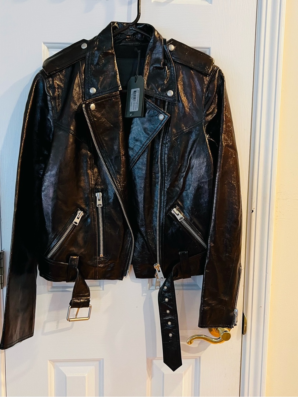All Saints Black Leather Biker Jacket with Waist Belt
